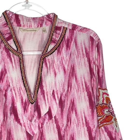 Soft Surroundings Womens Size Large Pink Altea Ikat Kimono Blouse Top Beaded - Picture 3 of 9